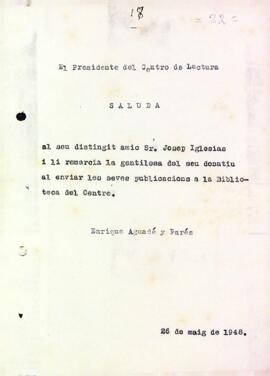 Carta d'agraïment a Josep Iglesias