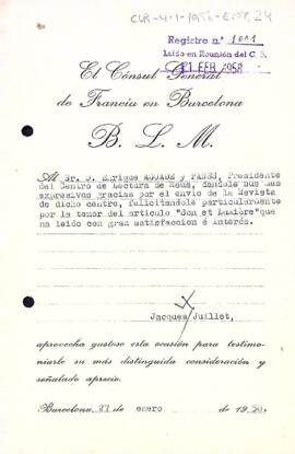 Agraïment per l'enviament de la Revista del Centre de Lectura