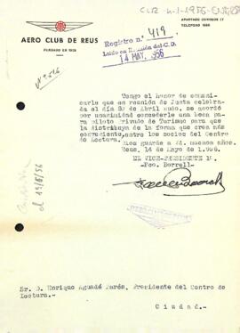 Carta de l'Aeroclub de Reus al president del Centre de Lectura