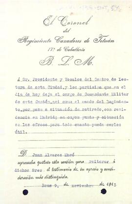 Juan Àlvarez comunica que deixa el seu càrrec de coronel del Regiment de Caçadors de Tetuan