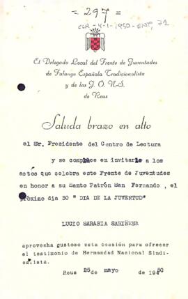 Invitació als actes de celebració del Frente de Juventudes