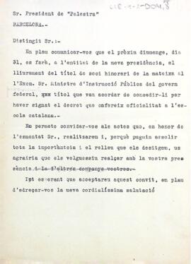 Esborrany de la carta enviada al president de La Paltestra informant dels actes en homenatge al soci d'honor de Marcel·lí Domingo