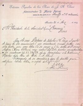 Comunicació de l'administrador de la Edición Popular de las Obras de J. A. Clavé informant del cobrament d'una càrrec