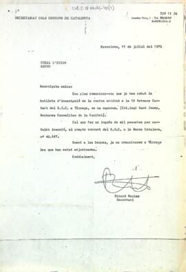 Carta confirmant la inscripció  a la 1ª Setmana Cantant del S.O.C.
