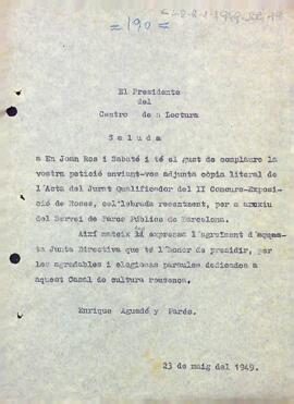 Carta del president a Joan Ros adjuntant una còpia de l'acta del jurat qualificador del II Concurs-exposició de Roses