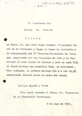 Invitació del president al governador civil de la província de Tarragona i al president de la Diputació provincial a la inauguració del IV Concurs-Exposició de Roses