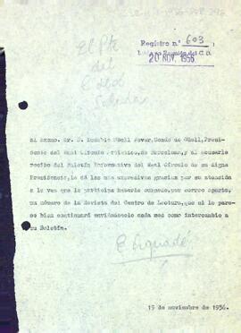 Agraïment del president del Centre de Lectura a Eusebio Güell i Jover