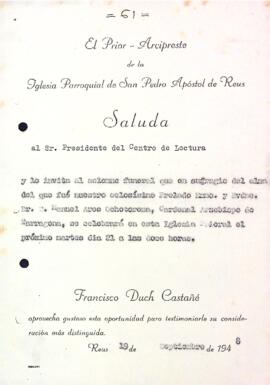 Carta de Francesc Duch Castañé al president del Centre de Lectura de Reus