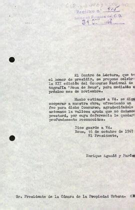 Carta del president a la Cambra de la propietat urbana de Reus
