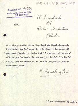 Carta del president al delegat provincial d'Informació i Turisme