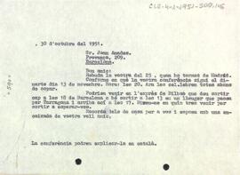 Carta del president a Joan Amades confirmant el dia i hora de la conferència que ha de donar al Centre