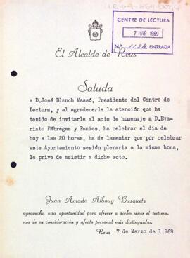 Carta de l'alcalde de Reus al president del Centre de Lectura