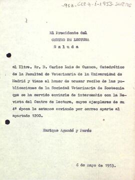 Carta d'agraïment del president del Centre de Lectura al Carlos Luis de Cuenca