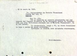 Carta del bibliotecari del Centre de Lectura a l'administrador de la Revista Financiera