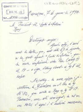 Carta de Joan Alavedra al president del Centre de Lectura