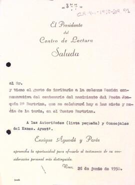 Invitació a l'acte commemoratiu de Joaquim M. Bartrina