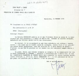Carta de Joan Palet i Ibars obsequiant la Coral L'eixam en un exemplar de la seva comunicació