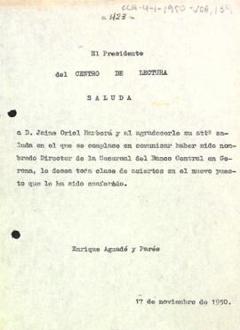 Felicitació a Jaume Oriol Barberà pel nou càrrec com a director del Banco Central Sucursal de Girona