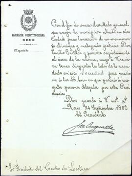Carta de l'Ajuntament de Reus demanant la llista de la recaptació per erigir un monument a Emilio Castelar