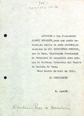 Carta d'Enric Aguadé Parés a la Diputació Provincial de Barcelona