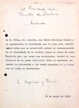 Comunicació del president a Pere Miralles agraint la invitació tot i no poder assistir