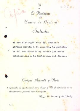 Carta d'agraïment a Frederic Alfonso Orfila