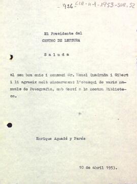 Carta d'agraïment del president a Manuel Quadrada Gibert