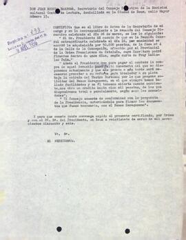 Còpia del certificat emès pel secretari del Centre de Lectura que inclou els acords de l'última reunió de Consell Directiu amb relació a la compra de la casa del carrer Concepció