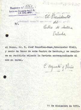 Carta del president comunicant l'enviament de la Revista del Centre de Lectura