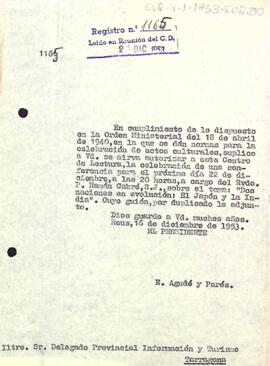 Carta del president al delegat provincial d'informació i turisme de Tarragona