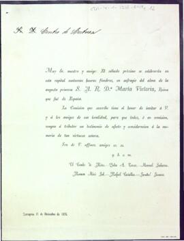 Invitació a les honres fúnebres de la reina Maria Victòria d'Espanya