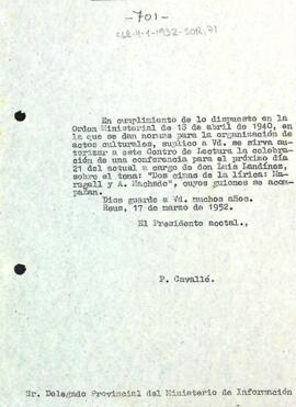Carta de Pere Cavallé al Delegat provincial del Ministerio de Información