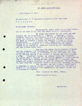 Carta de la Secció Excursionista a l'Agrupació Excursionista Ginesta