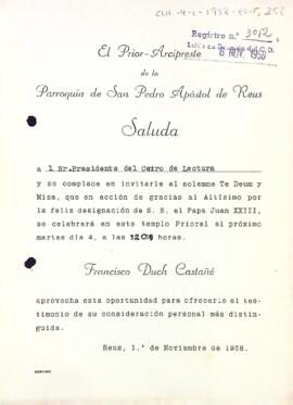 Invitació a la missa per la designació del Papa Joan XXIII