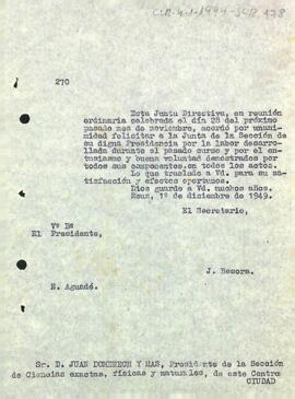 Carta d'agraïment de la junta directiva a la Secció de Ciències exactes, físiques i naturals per la seva tasca duta a terme el passat curs