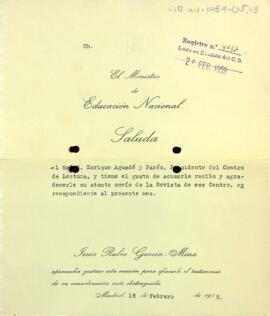 Agraïment del ministre d'Educació Nacional al president del Centre de Lectura