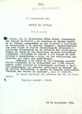 Carta d'Enric Aguadé Parés a Florentino Peérz Embid