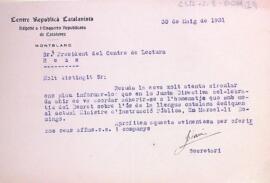 Carta del secretari del Centre Republicà Catalanista de Montblanc acceptant la invitació als actes d'homenatge de Marcel·lí Domingo