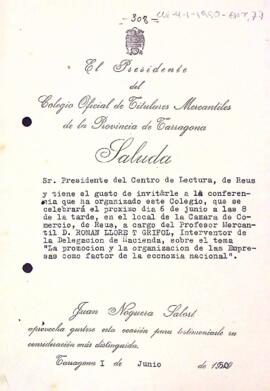 Invitació del president del Col·legi Oficial de Titulats Mercantils de Tarragona