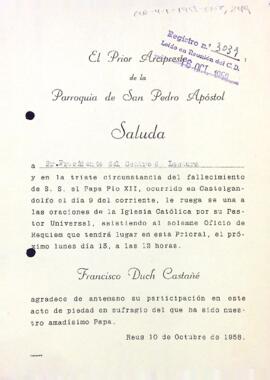Invitació a la missa per la mort del Papa Pius XII