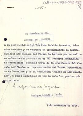 Carta d'agraïment del president al tècnic botànic entre altres per la seva col·laboració en el XII Concurs-Exposició de Crisantems