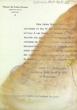 Carta de Foment del Treball Nacional dirigida al president agraint la celebració del congrés