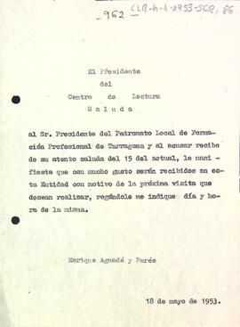 Carta del president al Patronat Local de Formació Professional de Tarragona