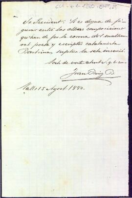 Nota de Joan Roig que devia acompanyar una poesia per la mort de Joaquim M. Bartrina
