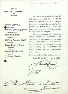 El Centro Industrial y Mercantil de Reus envia els noms dels qui formaran el comitè organitzatiu de l'entitat