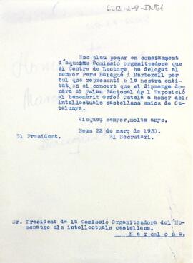 Carta del president dirigida a la Comissió Organitzadora de l'homenatge als intel·lectuals castellans per comunicar el nom de la persona que els representarà en el concert que han organitzatt