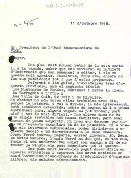 Carta de la Secció Excursionista a l'Unió Excursionista de Vic