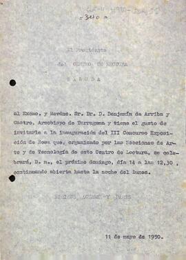 Invitació a l'arquebisbe de Tarragona per la inauguració del concurs exposició de roses