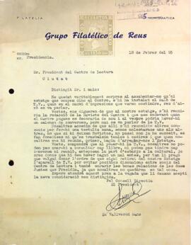 Carta del Grupo Filatélico us al president del Centre de Lecturade Re