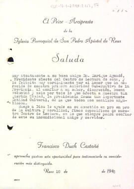 Carta de l'Església Parroquial de Sant Pere de Reus a Enric Aguadé Parés